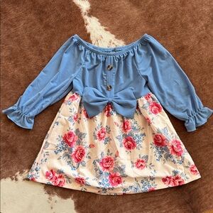 Girls Floral Blue Dress with Bow